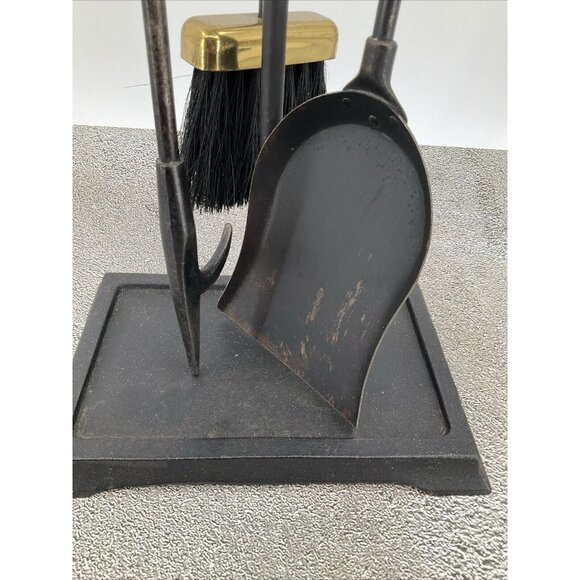 Mid-Century Modern Brass and Iron Fireplace Tool Set 3 Piece w/ stand USA - Picture 9 of 12